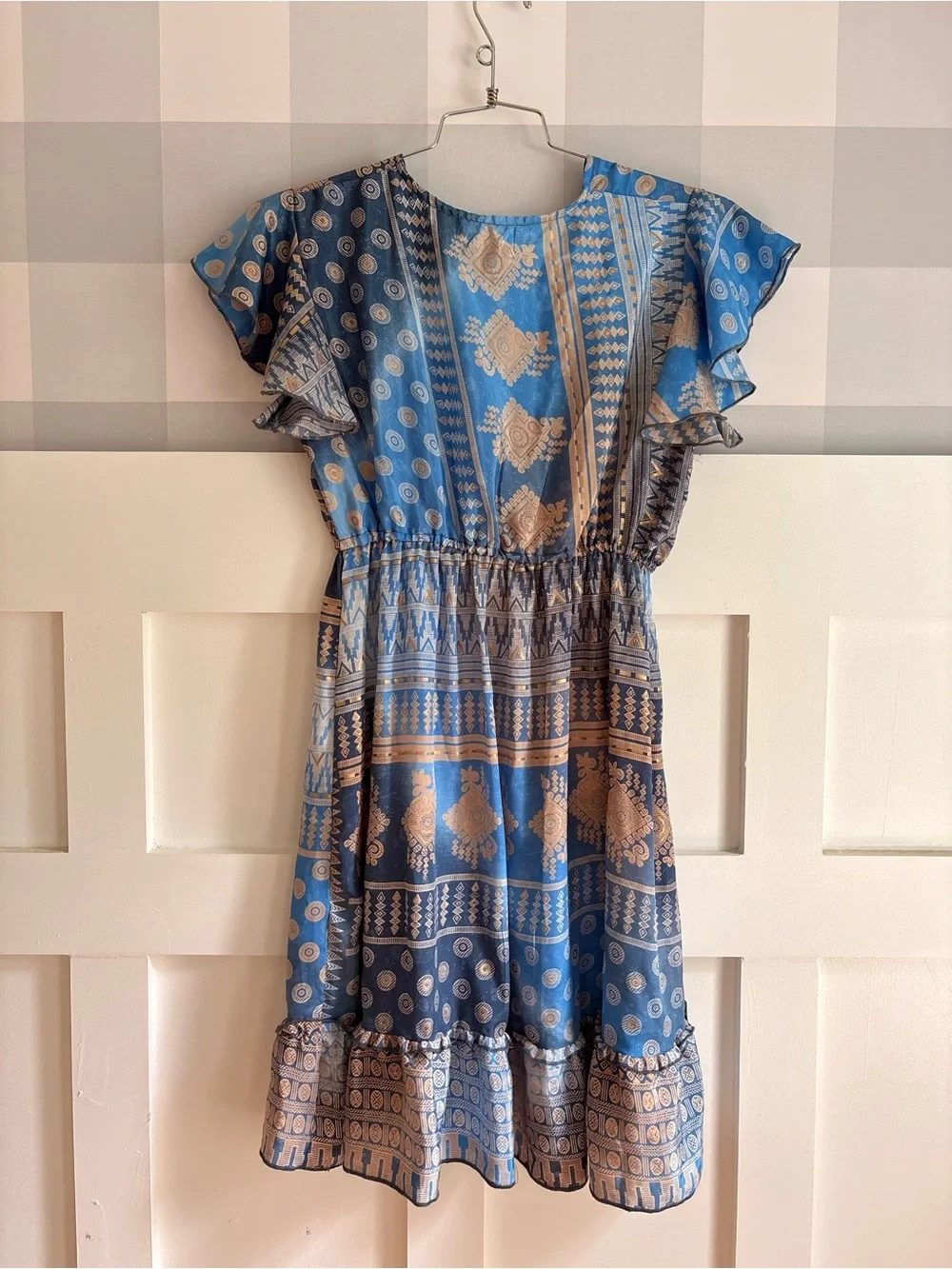 Boho Blue Printed V-Neck Mini Dress with Tassel Detail Small - Picture 9 of 10